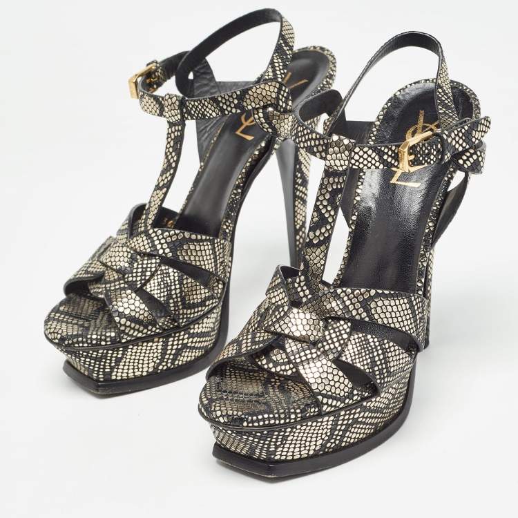 Pre Owned Saint Laurent Black/Gold Texture Leather Tribute  Ankle Strap Sandals Size 36