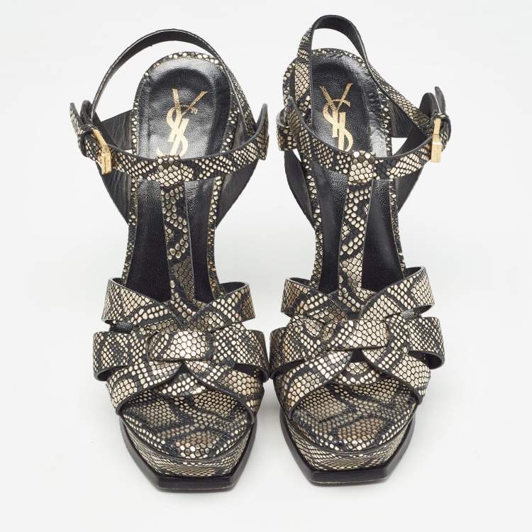 Pre Owned Saint Laurent Black/Gold Texture Leather Tribute  Ankle Strap Sandals Size 36