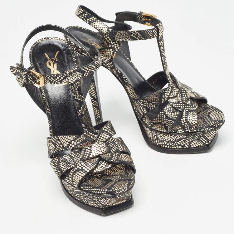 Pre Owned Saint Laurent Black/Gold Texture Leather Tribute  Ankle Strap Sandals Size 36