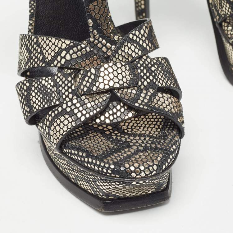 Pre Owned Saint Laurent Black/Gold Texture Leather Tribute  Ankle Strap Sandals Size 36