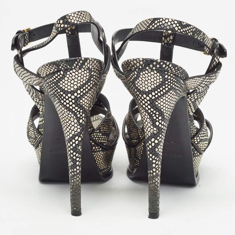 Pre Owned Saint Laurent Black/Gold Texture Leather Tribute  Ankle Strap Sandals Size 36