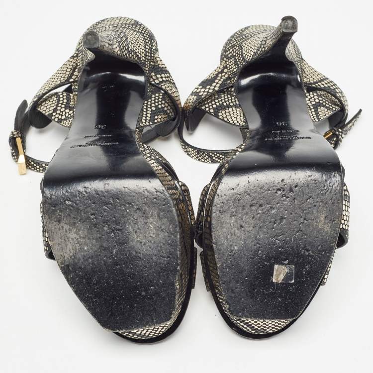 Pre Owned Saint Laurent Black/Gold Texture Leather Tribute  Ankle Strap Sandals Size 36