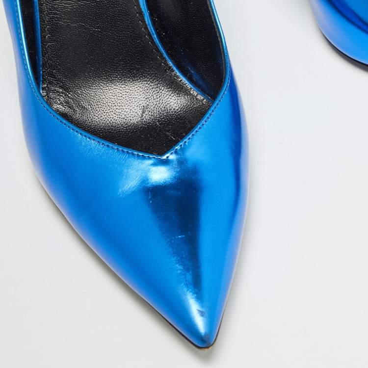 Pre Owned Saint Laurent Blue Leather Pointed Toe Pumps Size 36.5