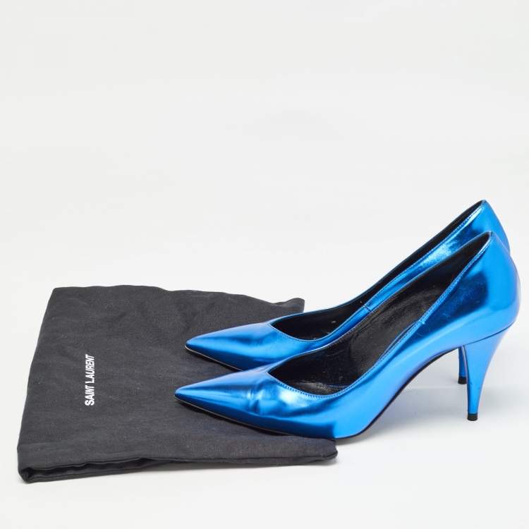 Pre Owned Saint Laurent Blue Leather Pointed Toe Pumps Size 36.5