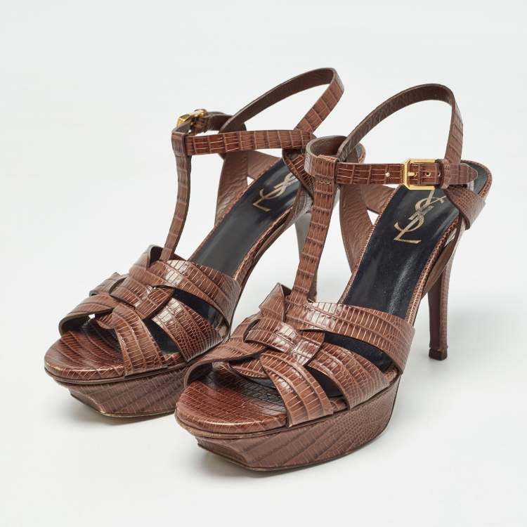Pre Owned Saint Laurent Brown Lizard Embossed Leather Tribute Sandals Size 37