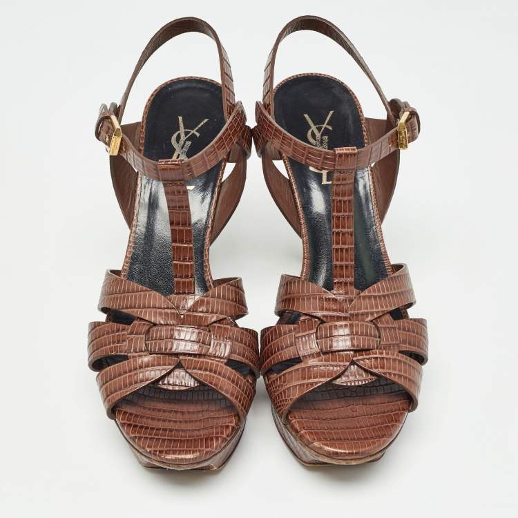 Pre Owned Saint Laurent Brown Lizard Embossed Leather Tribute Sandals Size 37