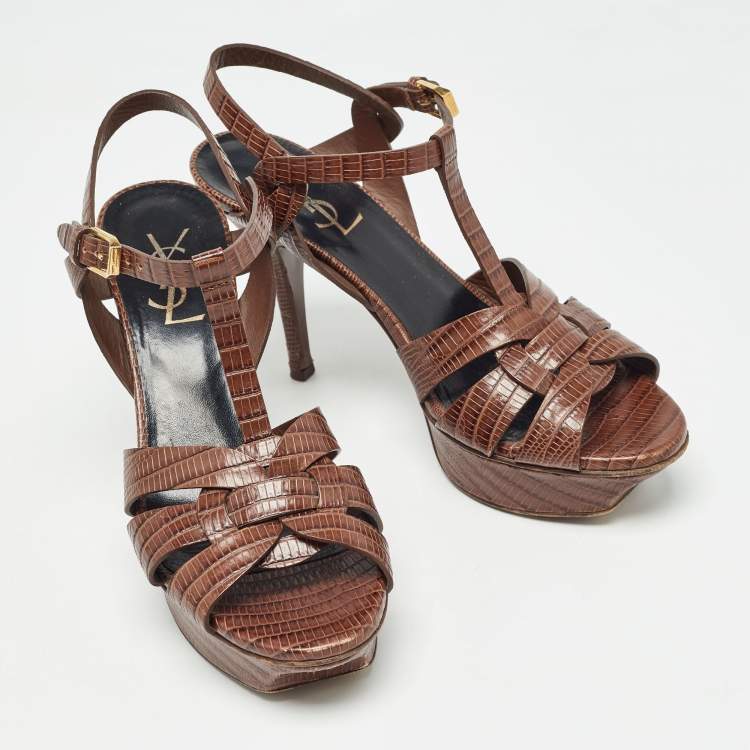Pre Owned Saint Laurent Brown Lizard Embossed Leather Tribute Sandals Size 37