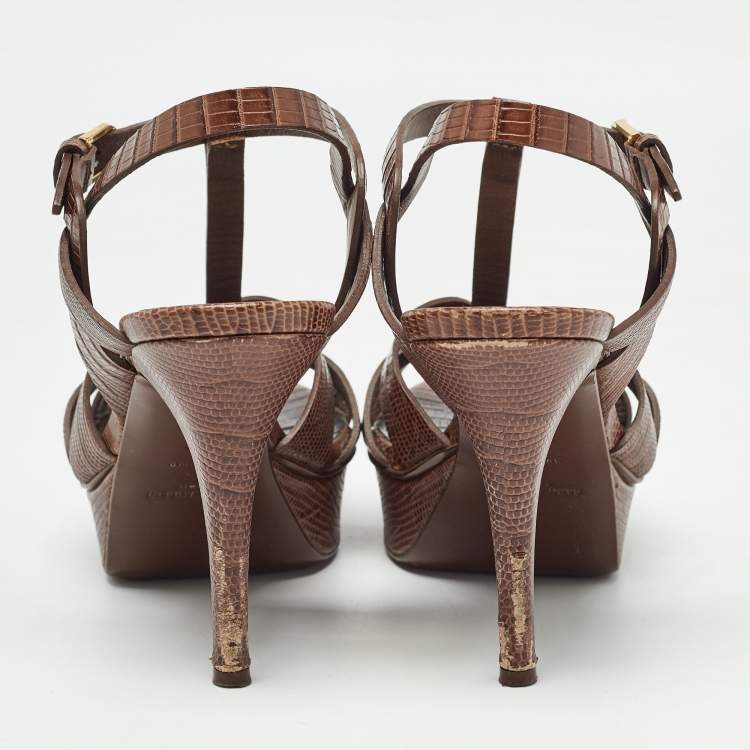 Pre Owned Saint Laurent Brown Lizard Embossed Leather Tribute Sandals Size 37