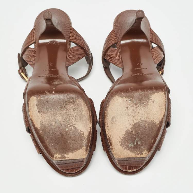 Pre Owned Saint Laurent Brown Lizard Embossed Leather Tribute Sandals Size 37