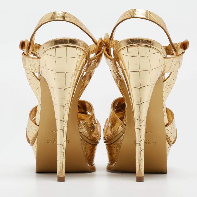 Pre Owned Saint Laurent Gold Tribute Ankle Wrap Sandals Size 40