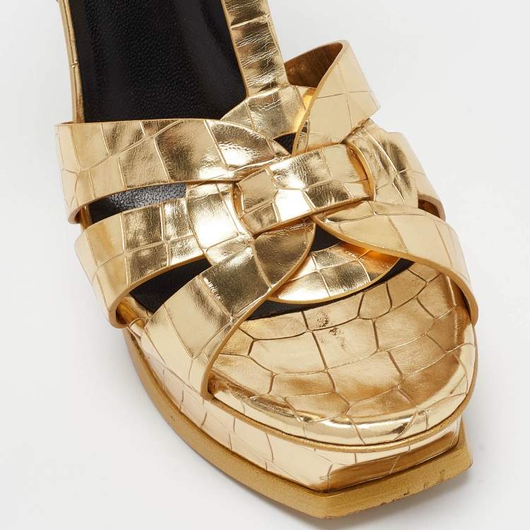 Pre Owned Saint Laurent Gold Tribute Ankle Wrap Sandals Size 40