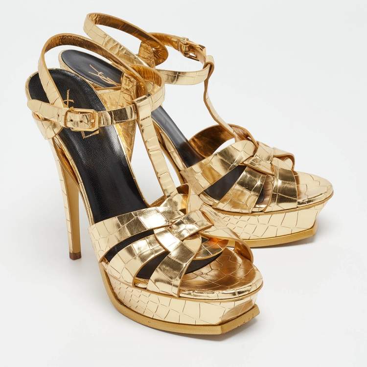 Pre Owned Saint Laurent Gold Tribute Ankle Wrap Sandals Size 40