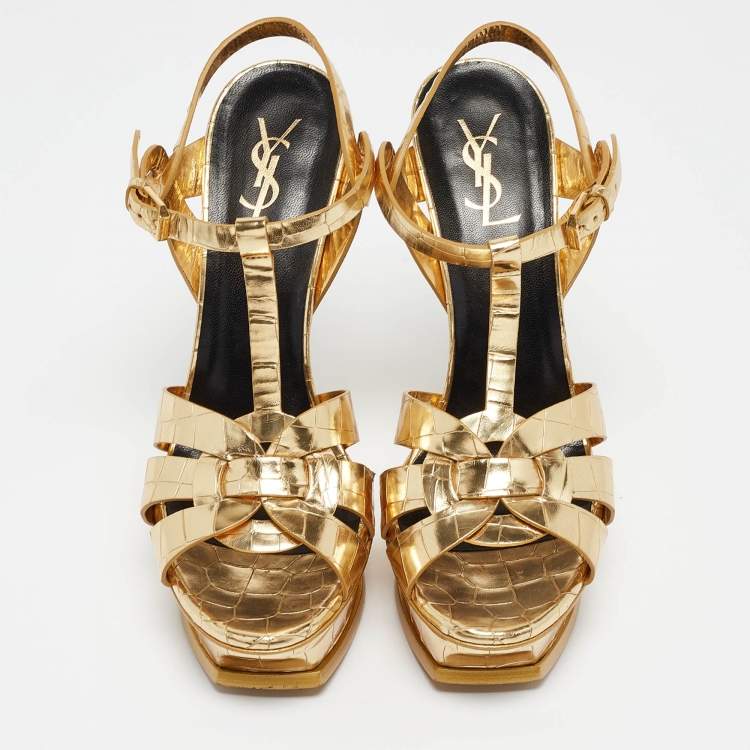 Pre Owned Saint Laurent Gold Tribute Ankle Wrap Sandals Size 40
