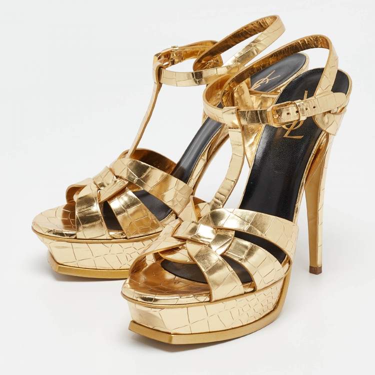 Pre Owned Saint Laurent Gold Tribute Ankle Wrap Sandals Size 40