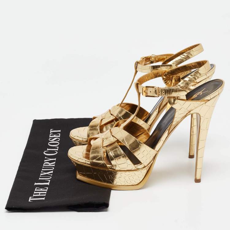 Pre Owned Saint Laurent Gold Tribute Ankle Wrap Sandals Size 40