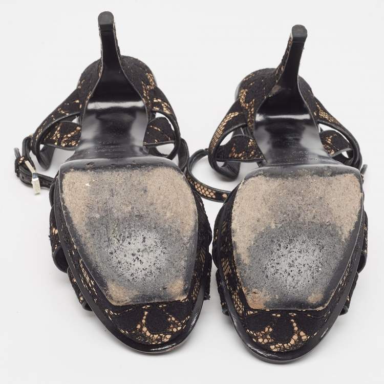 Pre Owned Saint Laurent Paris Black/Beige Lace and Satin Tribute Sandals Size 39.5