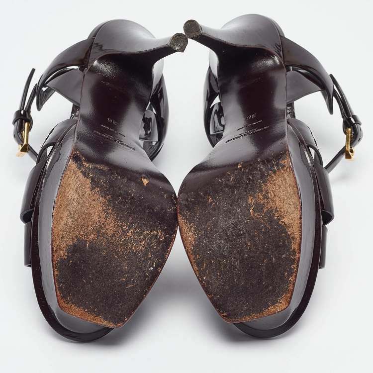 Pre Owned Saint Laurent Dark Burgundy Patent Leather Tribute Sandals Size 36