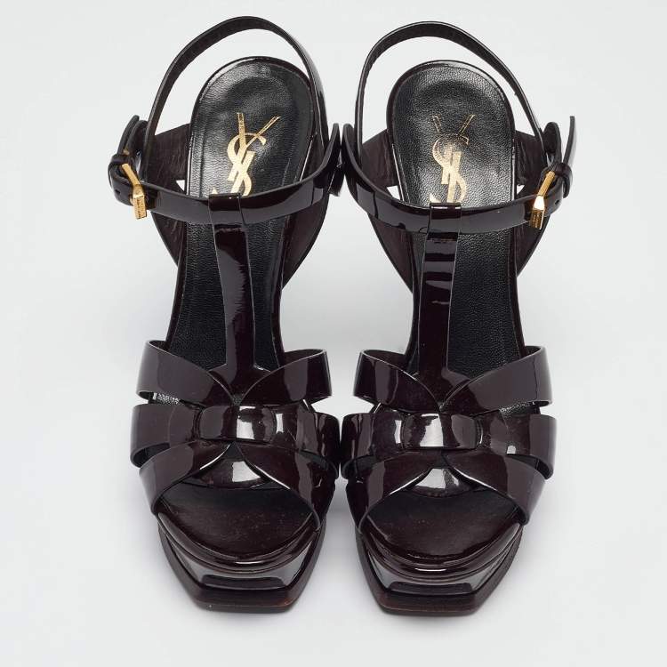 Pre Owned Saint Laurent Dark Burgundy Patent Leather Tribute Sandals Size 36