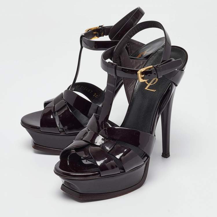 Pre Owned Saint Laurent Dark Burgundy Patent Leather Tribute Sandals Size 36