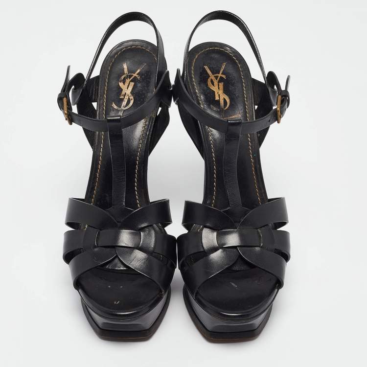 Pre Owned Saint Laurent Black Leather Tribute Sandals Size 39.5