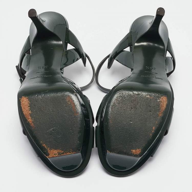 Pre Owned Saint Laurent Green Patent Leather Tribute Sandals Size 36.5