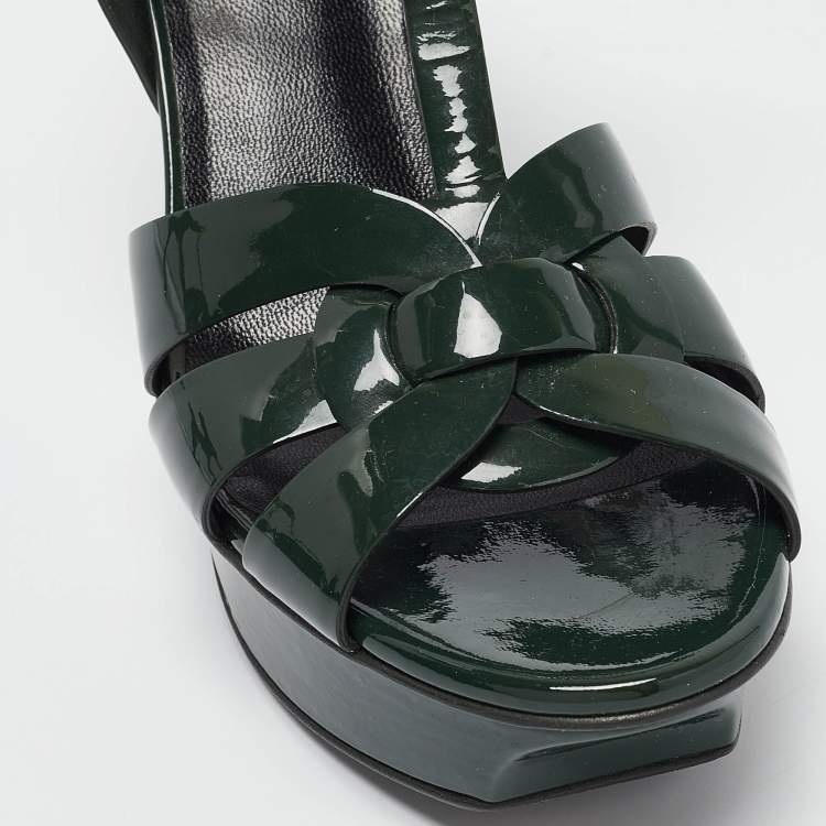 Pre Owned Saint Laurent Green Patent Leather Tribute Sandals Size 36.5