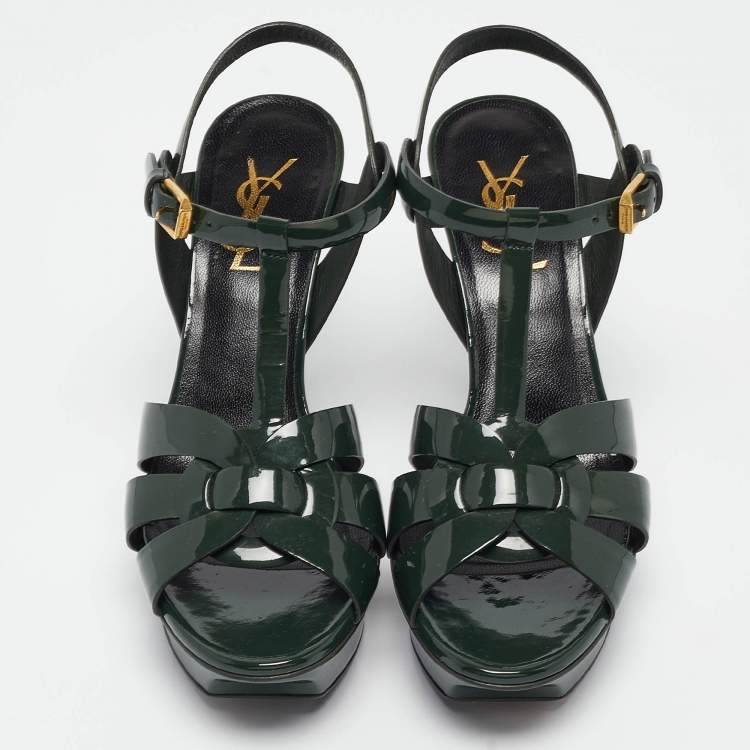 Pre Owned Saint Laurent Green Patent Leather Tribute Sandals Size 36.5