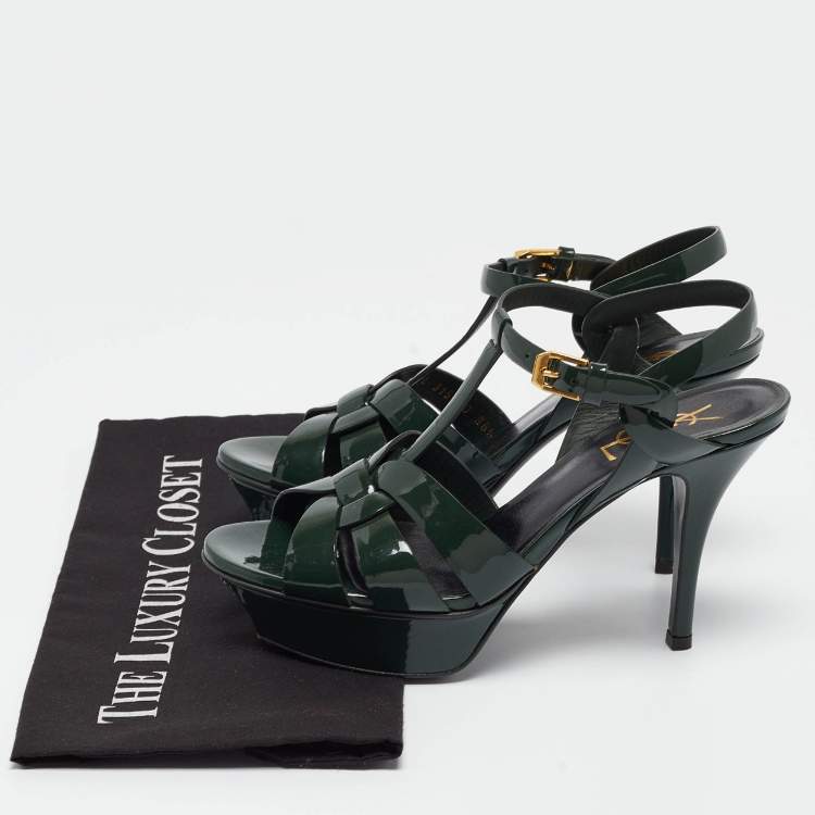 Pre Owned Saint Laurent Green Patent Leather Tribute Sandals Size 36.5