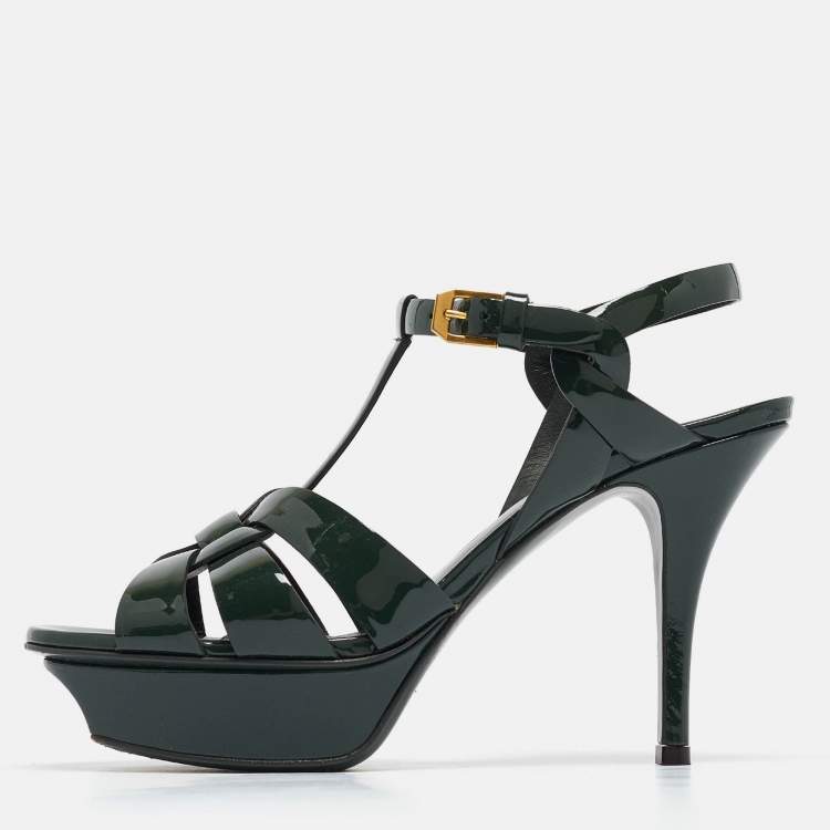 Pre Owned Saint Laurent Green Patent Leather Tribute Sandals Size 36.5