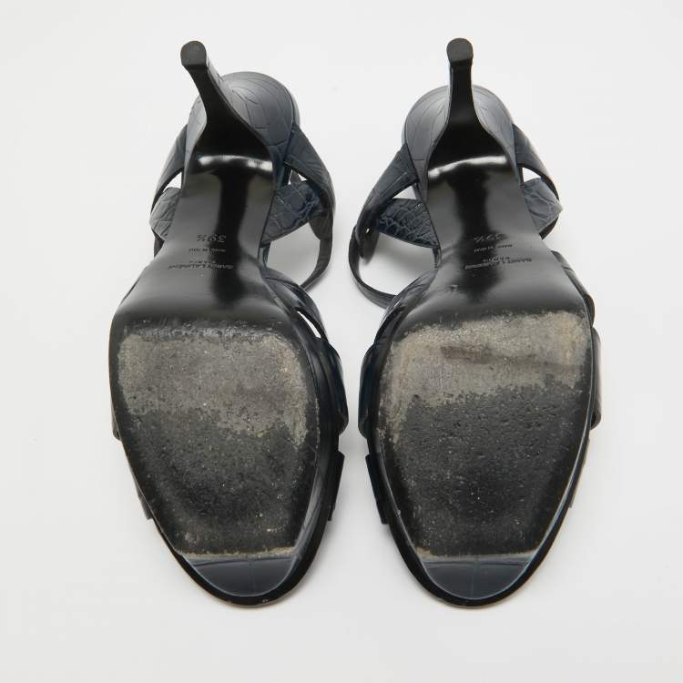Pre Owned Saint Laurent Navy Blue Croc Embossed Leather Tribute Sandals Size 39.5