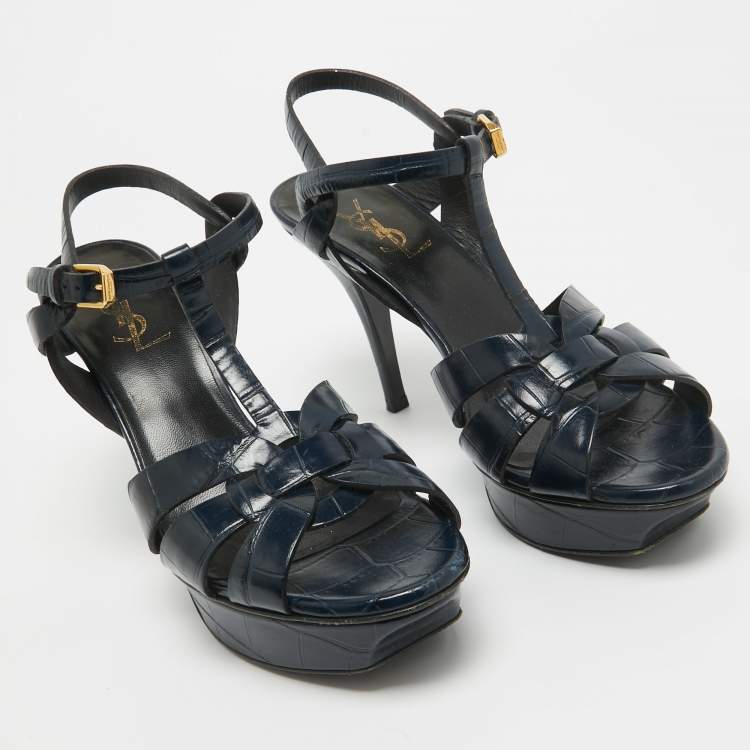 Pre Owned Saint Laurent Navy Blue Croc Embossed Leather Tribute Sandals Size 39.5