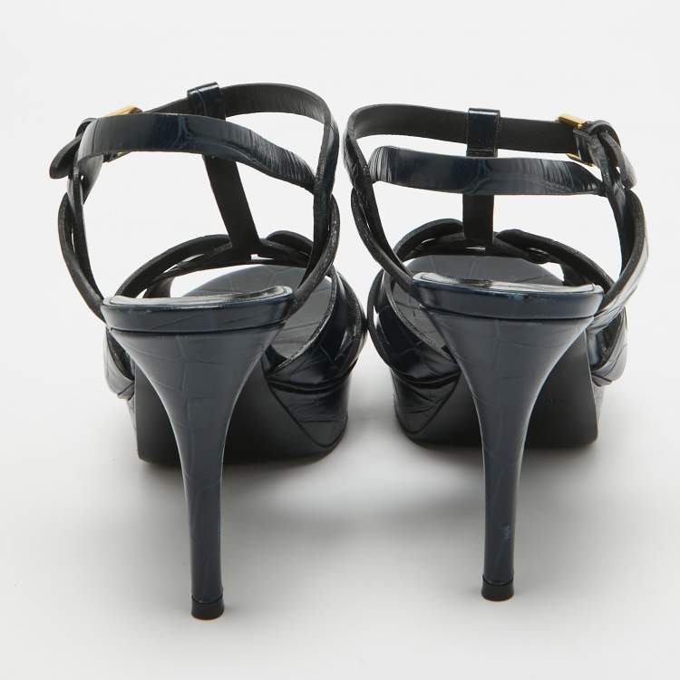 Pre Owned Saint Laurent Navy Blue Croc Embossed Leather Tribute Sandals Size 39.5
