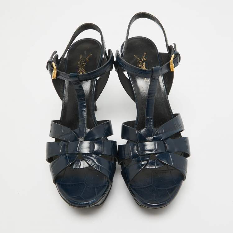 Pre Owned Saint Laurent Navy Blue Croc Embossed Leather Tribute Sandals Size 39.5