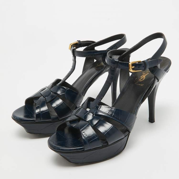 Pre Owned Saint Laurent Navy Blue Croc Embossed Leather Tribute Sandals Size 39.5