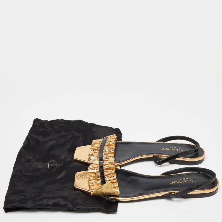 Pre Owned Saint Laurent Gold/Black Python Embossed Leather Edie Slingback Flat Sandals Size 39