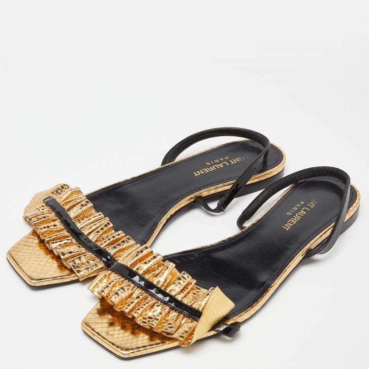 Pre Owned Saint Laurent Gold/Black Python Embossed Leather Edie Slingback Flat Sandals Size 39