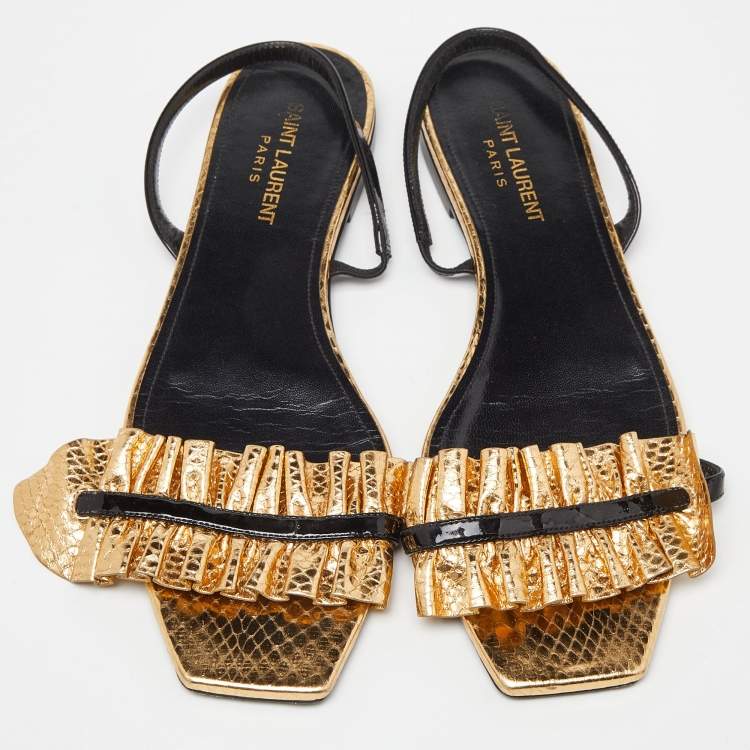 Pre Owned Saint Laurent Gold/Black Python Embossed Leather Edie Slingback Flat Sandals Size 39