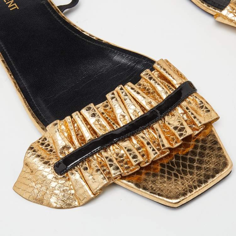 Pre Owned Saint Laurent Gold/Black Python Embossed Leather Edie Slingback Flat Sandals Size 39