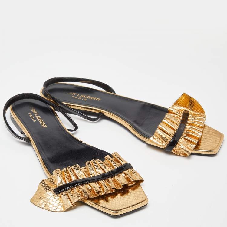 Pre Owned Saint Laurent Gold/Black Python Embossed Leather Edie Slingback Flat Sandals Size 39