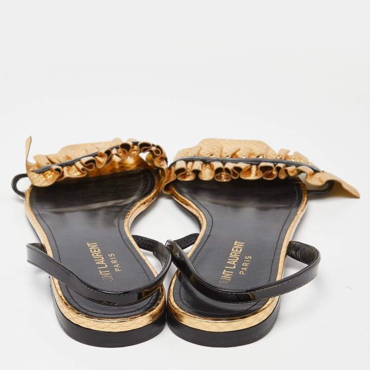 Pre Owned Saint Laurent Gold/Black Python Embossed Leather Edie Slingback Flat Sandals Size 39