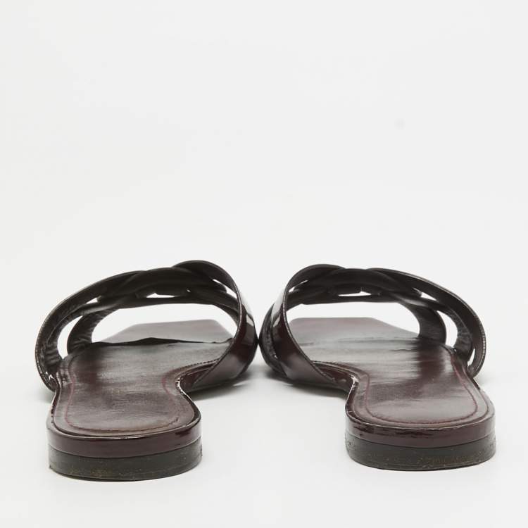 Pre Owned Saint Laurent Burgundy Patent Tribute Flat Slides Size 37.5