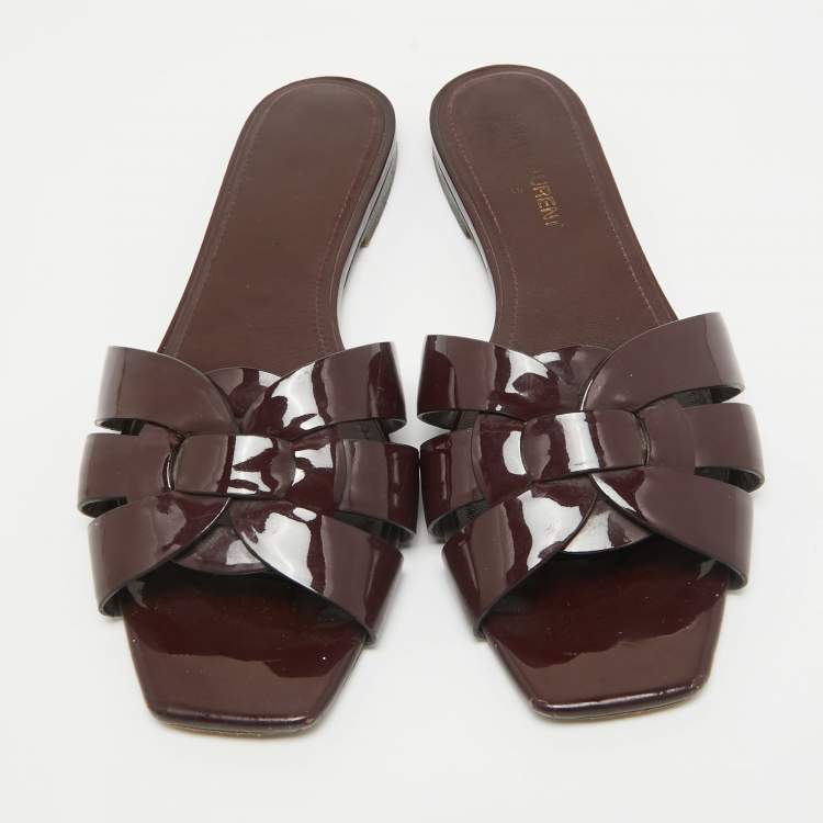 Pre Owned Saint Laurent Burgundy Patent Tribute Flat Slides Size 37.5
