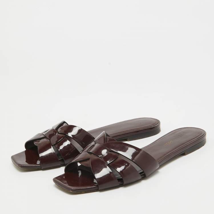 Pre Owned Saint Laurent Burgundy Patent Tribute Flat Slides Size 37.5