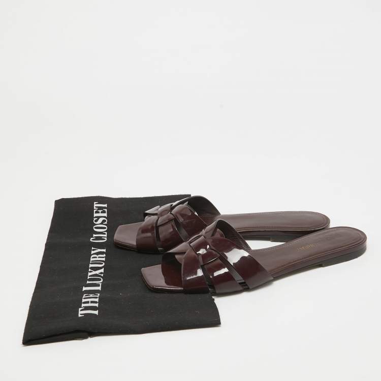 Pre Owned Saint Laurent Burgundy Patent Tribute Flat Slides Size 37.5