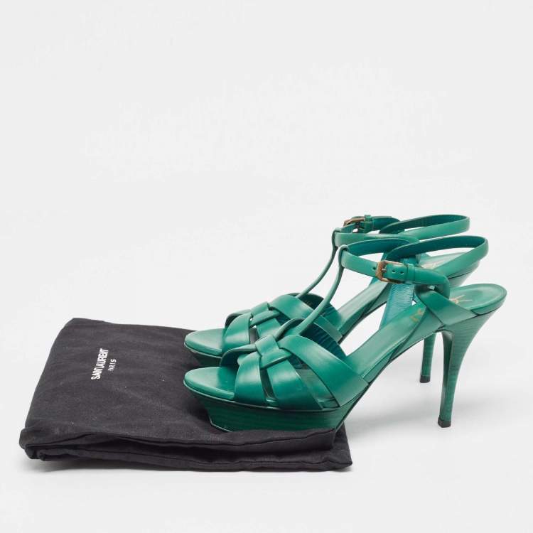 Pre Owned Saint Laurent Green Leather Tribute Sandals Size 39.5