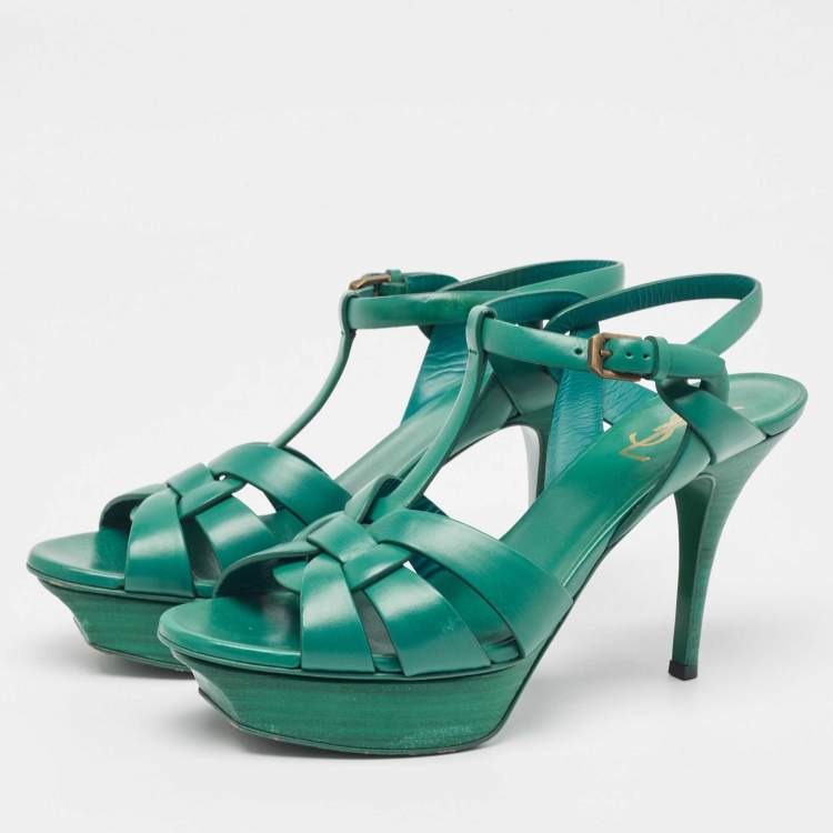 Pre Owned Saint Laurent Green Leather Tribute Sandals Size 39.5