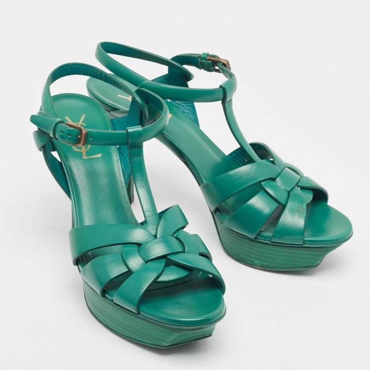Pre Owned Saint Laurent Green Leather Tribute Sandals Size 39.5