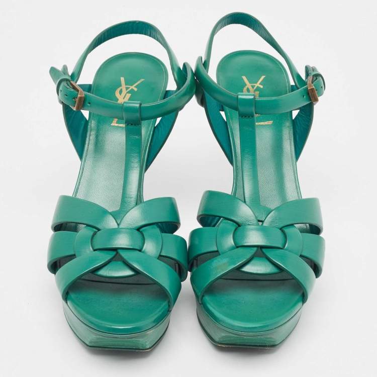 Pre Owned Saint Laurent Green Leather Tribute Sandals Size 39.5