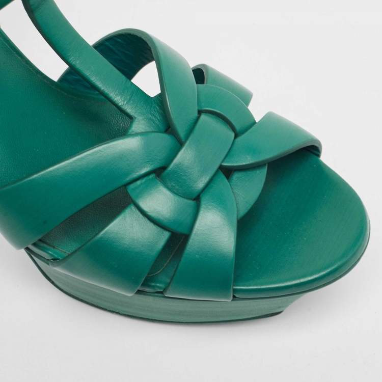 Pre Owned Saint Laurent Green Leather Tribute Sandals Size 39.5