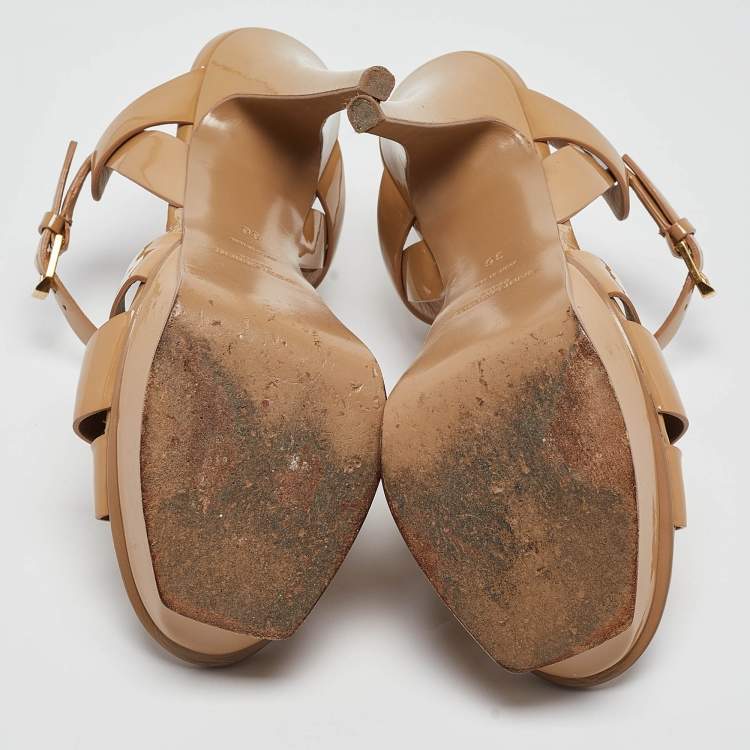 Pre Owned Saint Laurent Beige Patent Leather Tribute Sandals Size 36